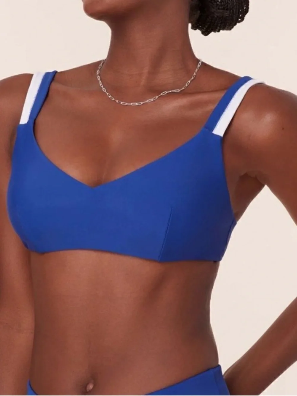 Andie Rockley Bikini Top Swimsuit Mazarine Dark Blue White Sporty Vacation L